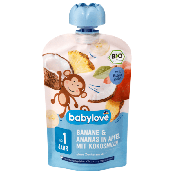 BABYLOVE voćni pire banana ananas u jabuci s kokosovim mlijekom 100g 0