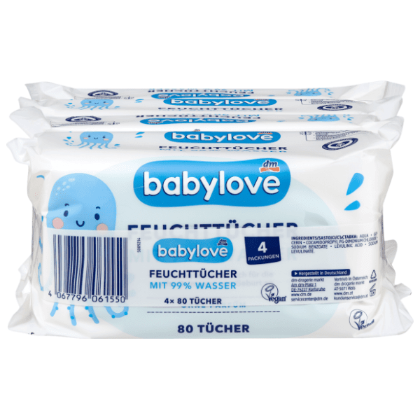 Vlažne maramice BABYLOVE 99% voda 4x80kom 0