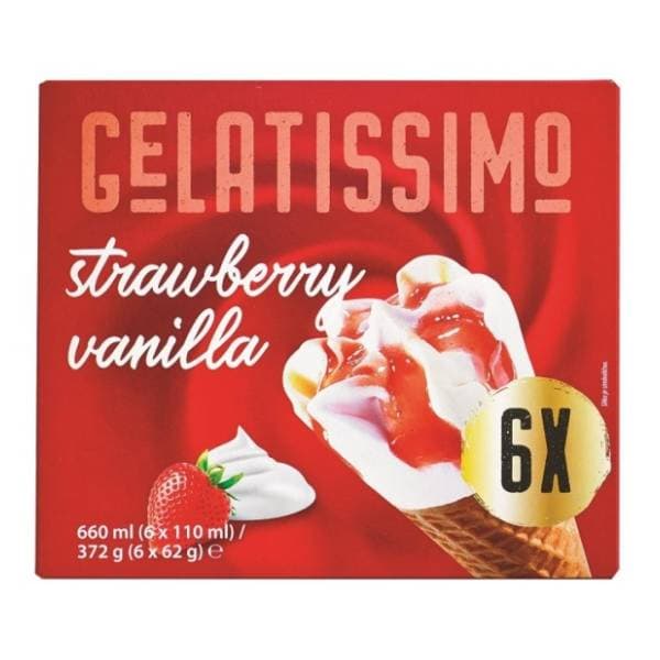 Sladoled GELATISSIMO vanilija jagoda kornet 6x110ml 0