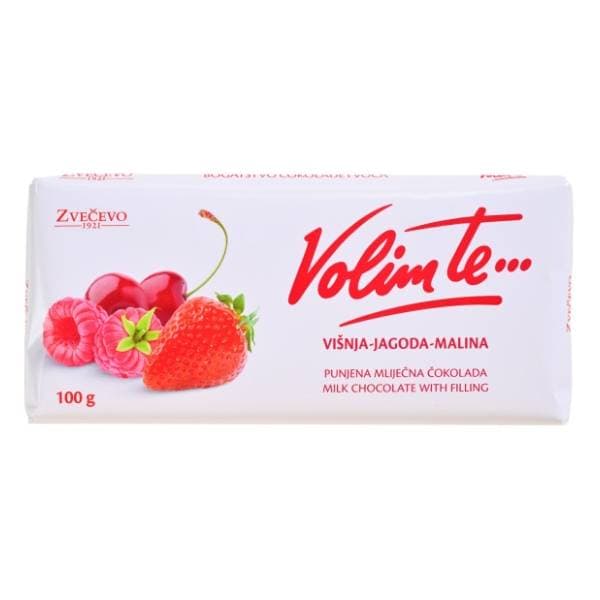 VOLIM TE čokolada višnja jagoda i malina 100g 0