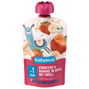 BABYLOVE voćni pire jagoda banana u jabuci s mueslijem 100g slide slika